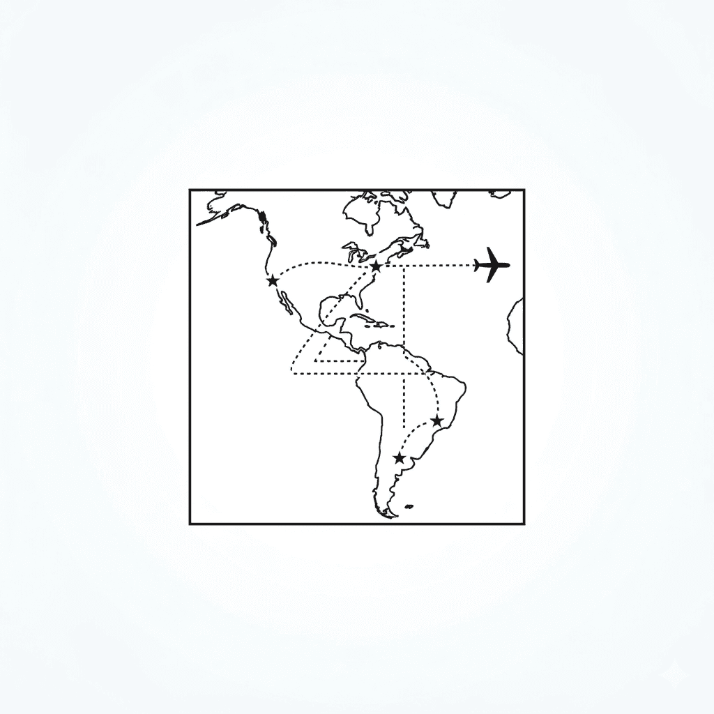 Minimalist logo featuring a thin black line illustration of the American continent map on a white background. An outline of the number 4 is integrated into the center, tracing a travel route. A dotted flight path with star icons connects locations across South and North America, ending with a black airplane icon heading horizontally toward Europe.